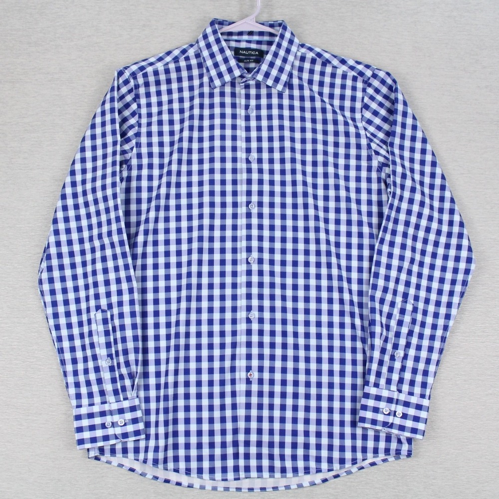Nautica Slim Fit Shirt Mens L 16-16.5 34/35 Blue Long Sleeve Button Up Stretch